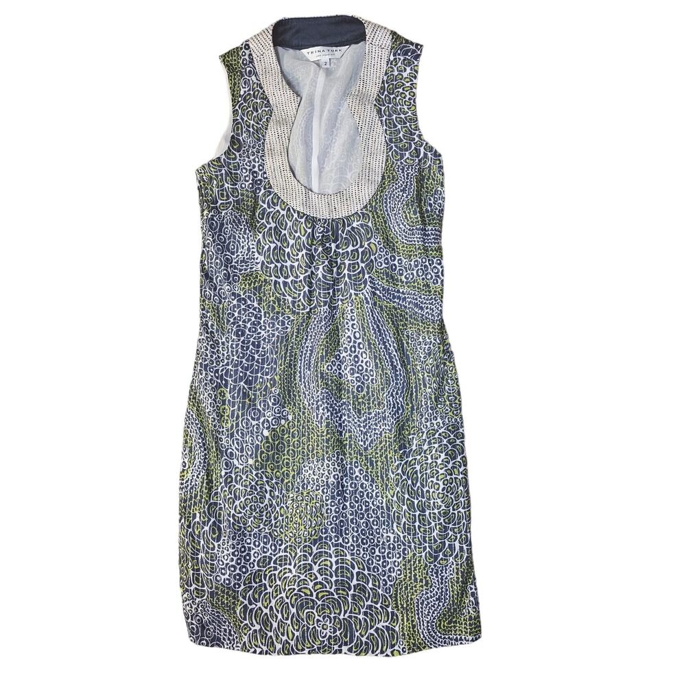 TRINA TURK Metallic Trim Scoop Neck Sleeveless Shift Cocktail Dress Size 2